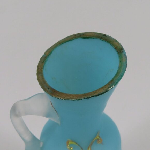 Antique Blue Satin Glass Gold Flower Floral Cruet Dressing Pitcher 6.9in Country - Picture 6 of 13